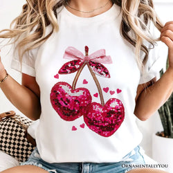 Sequin Pink Cherry Heart Valentine T-Shirt, Mood for Love Coquette Tee