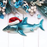 (Pre-Order) Shark with Santa Hat Glass Christmas Ornament