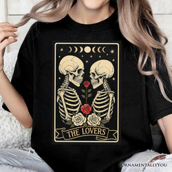 Skeleton The Lovers T-Shirt, Tarot Card Gothic Moon Phases Rose Tee