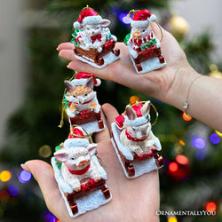 Sleigh-Borne Animal Ensemble Set of 5 Christmas Ornaments, Horse, Goat, Pig, Donkey, and Duck