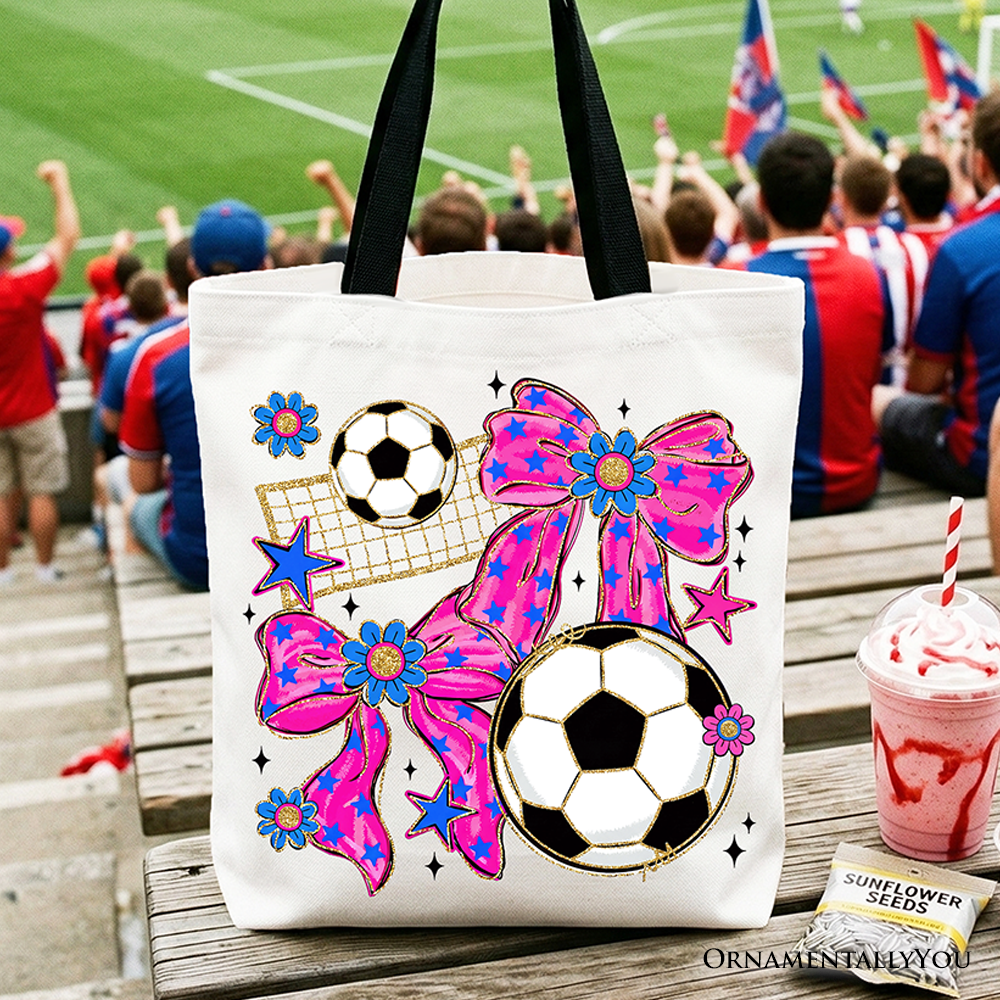 Soccer Coquette Pink Bow Tote Bag, Preppy Game Day Gift Shopper