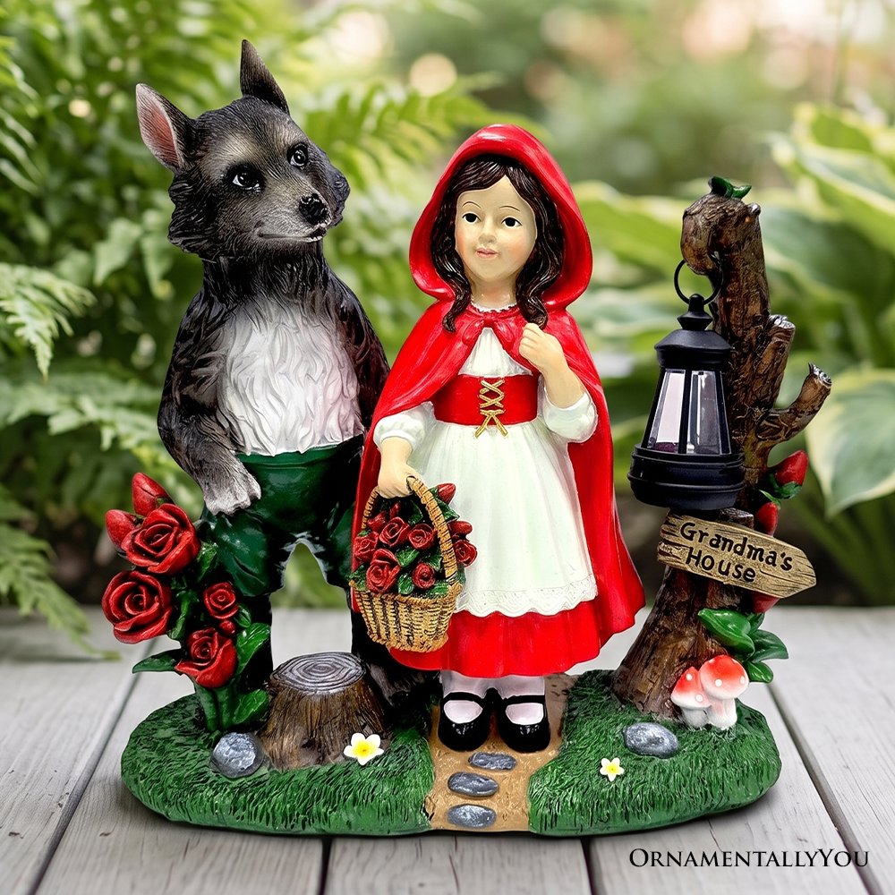 Solar Powered Little Red Riding Hood Garden Statue, 12" Lighted Fairy Tale Figurine Outdoor Decor