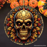 Spine-Chilling Haunting Skull Stained Glass Style Ceramic Ornament, Halloween Themed Christmas Gift and Decor