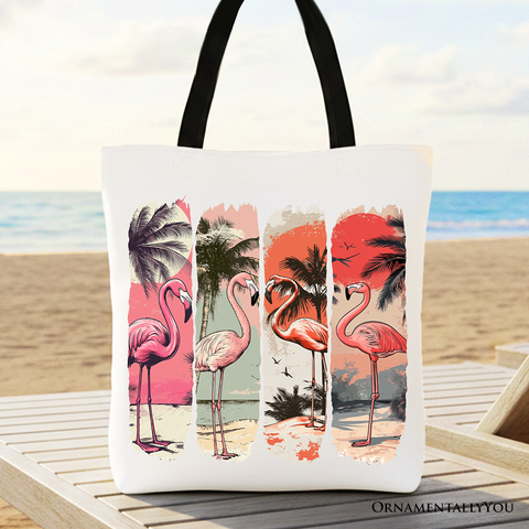 Summer Flamingo Beach Canvas Tote Bag, Retro Vacation Tropical Sunset Gift Shopper