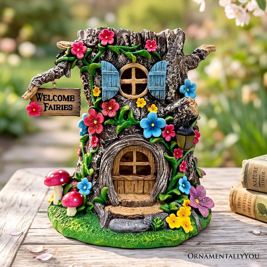 Tree Trunk Fairy Solar House Garden Statue, 8" Lighted Woodland Cottage Figurine Outdoor Decor
