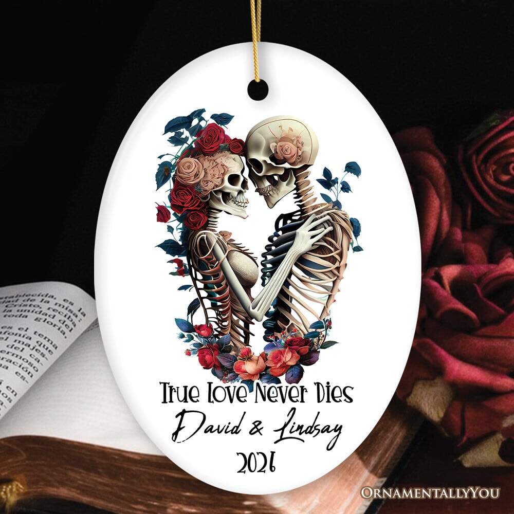 True Love Never Dies Personalized Skeleton Lovers Ornament, Romantic Goth Emo Gift for Girlfriend and Boyfriend