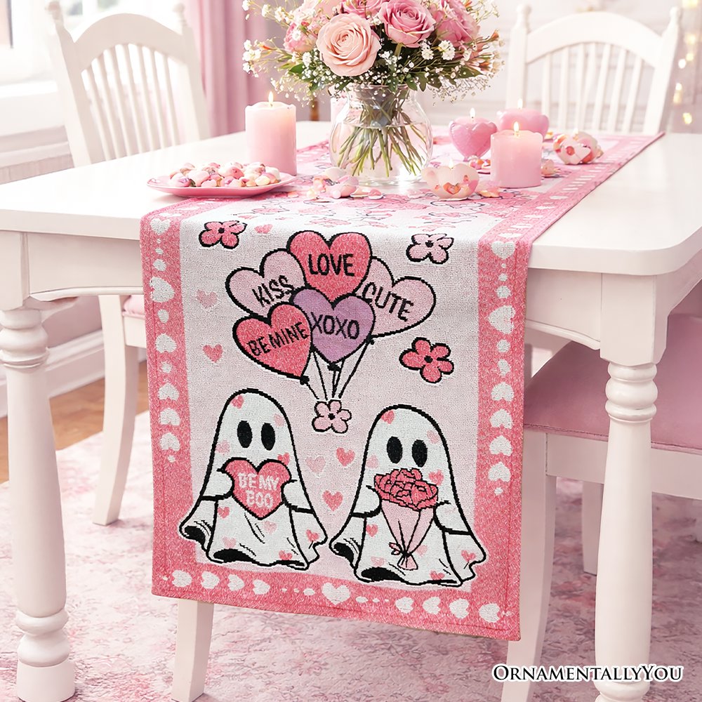 Valentine Ghost 72" Jacquard Table Runner, High Quality Holiday Rectangle Tablecloth with Cute Lovers