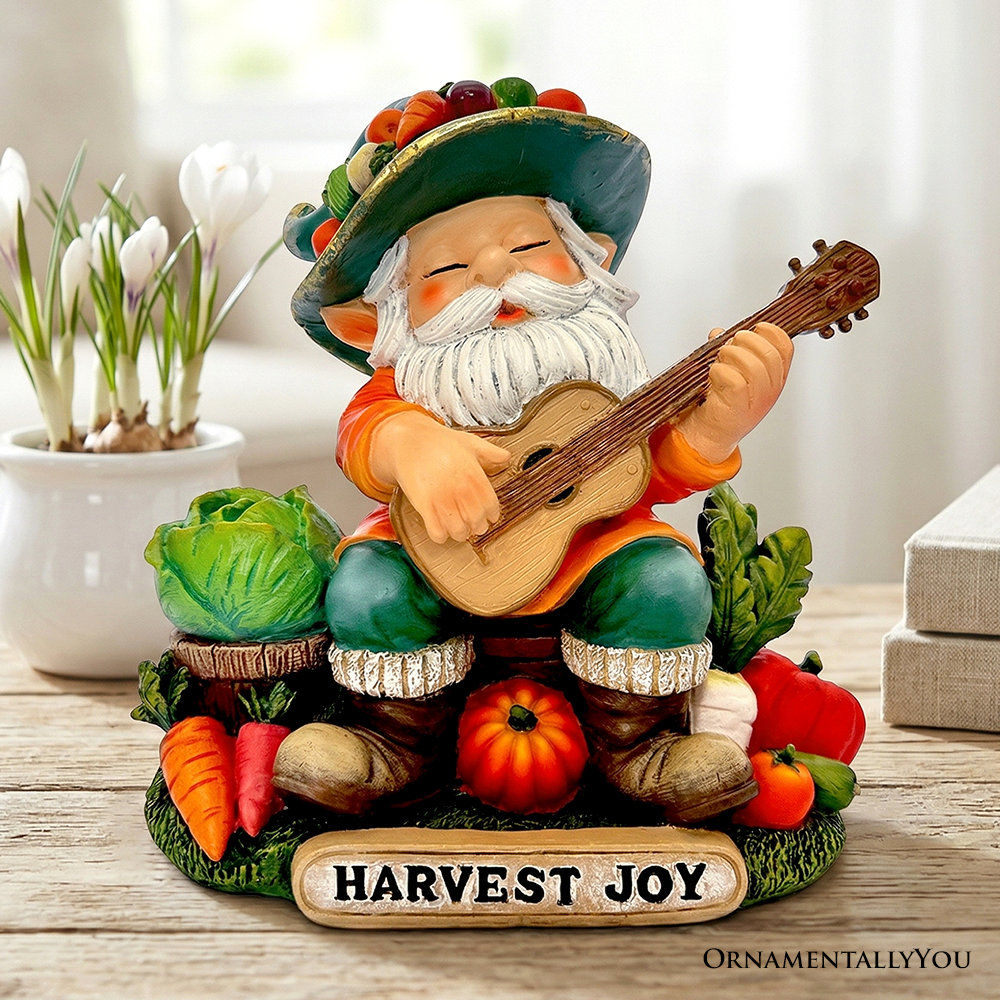 Veggie Farmer Gnome Figurine, 9" Ukulele Playing Vegetable Dwarf Garden Statue