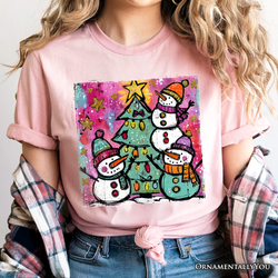Watercolor Snowmen Christmas Tree T-Shirt, Vintage Holiday Retro Tee