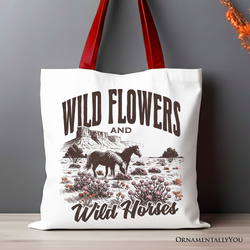 Wild Flowers and Wild Horses Canvas Tote Bag, Retro Western Gift for Free-Spirited Women