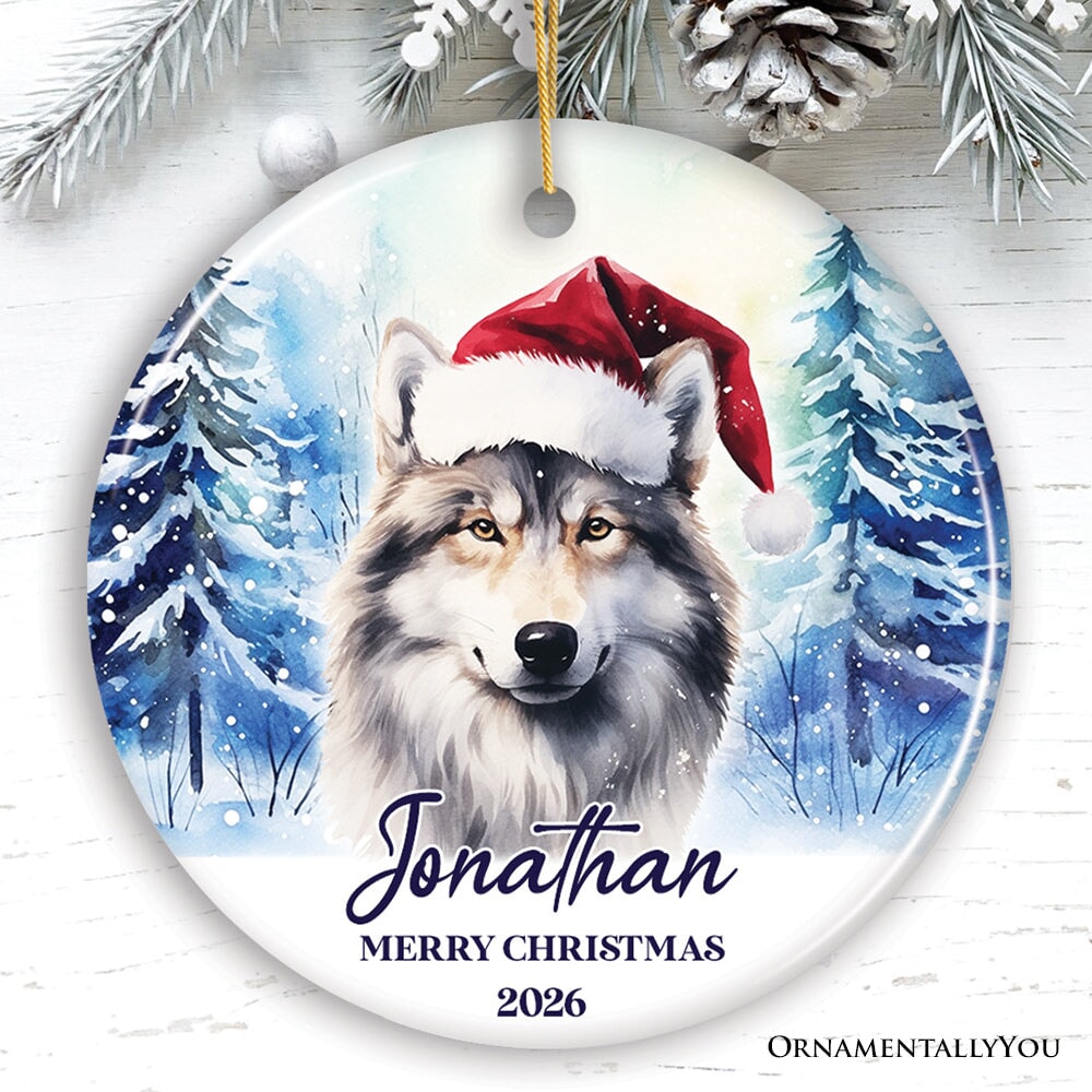 Wolf with Santa Hat Personalized Ornament, Winter Forest Christmas Gift With Custom Name and Date