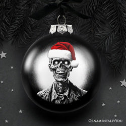 Zombie Christmas Spooky Portrait Glass Ornament, Black Horror Halloween Tree Decoration