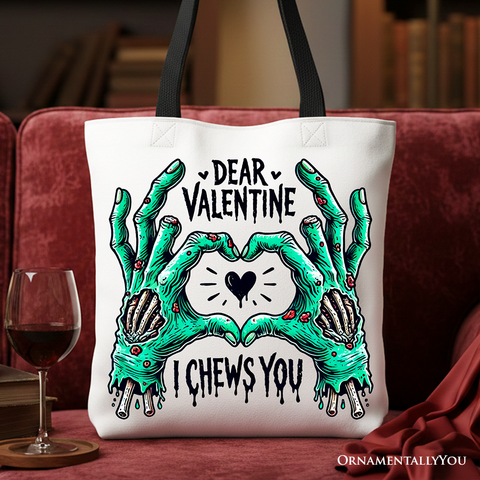 Zombie Valentine Hands I Chews You Canvas Tote Bag, Funny Bag for Horror Spring Season