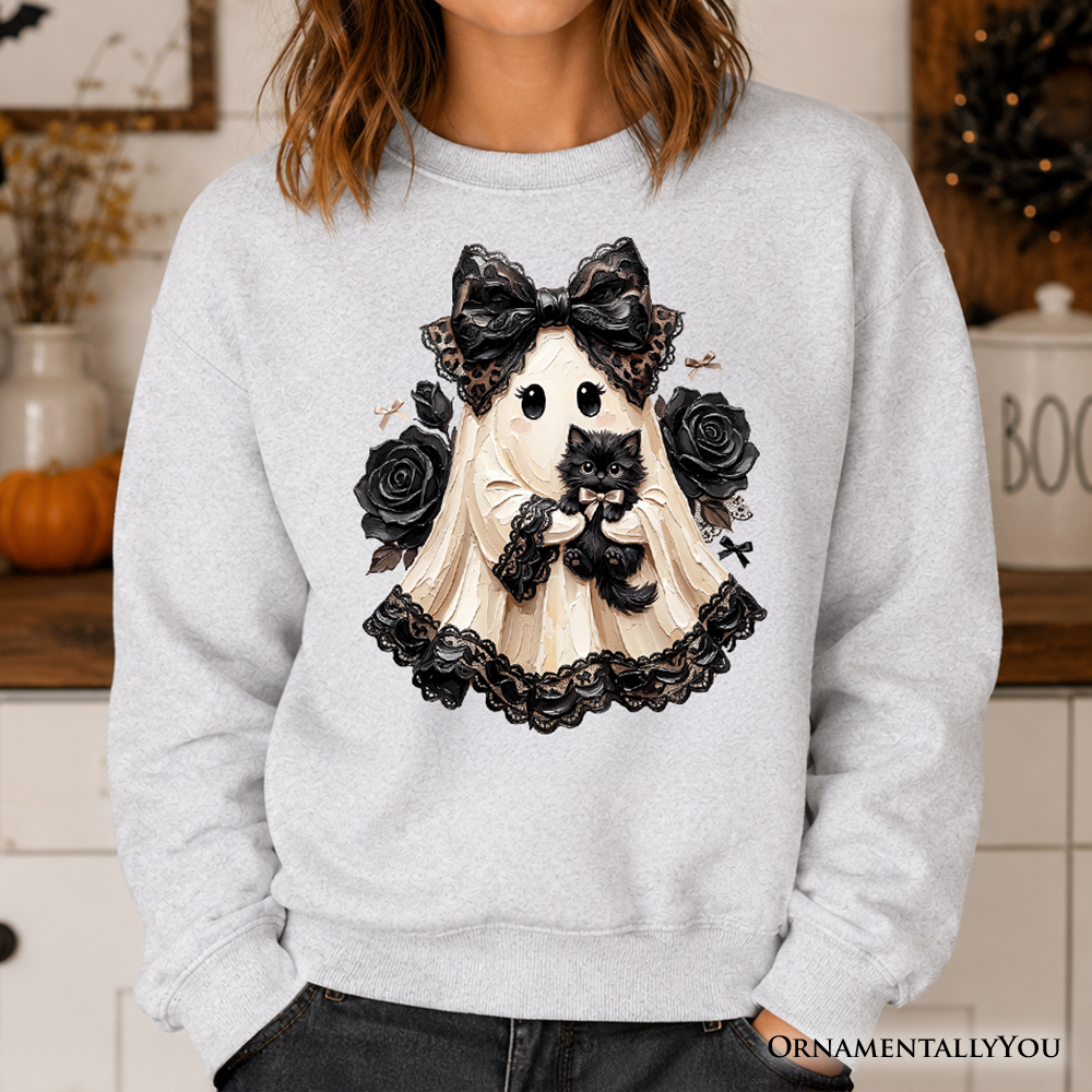 Gothic Ghost with Black Cat Sweatshirt, Black Rose Coquette Halloween Sweater