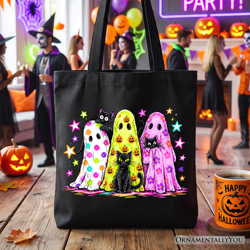 Colorful Ghosts and Black Cats Tote Bag, Neon Halloween Spooky Season Gift Shopper