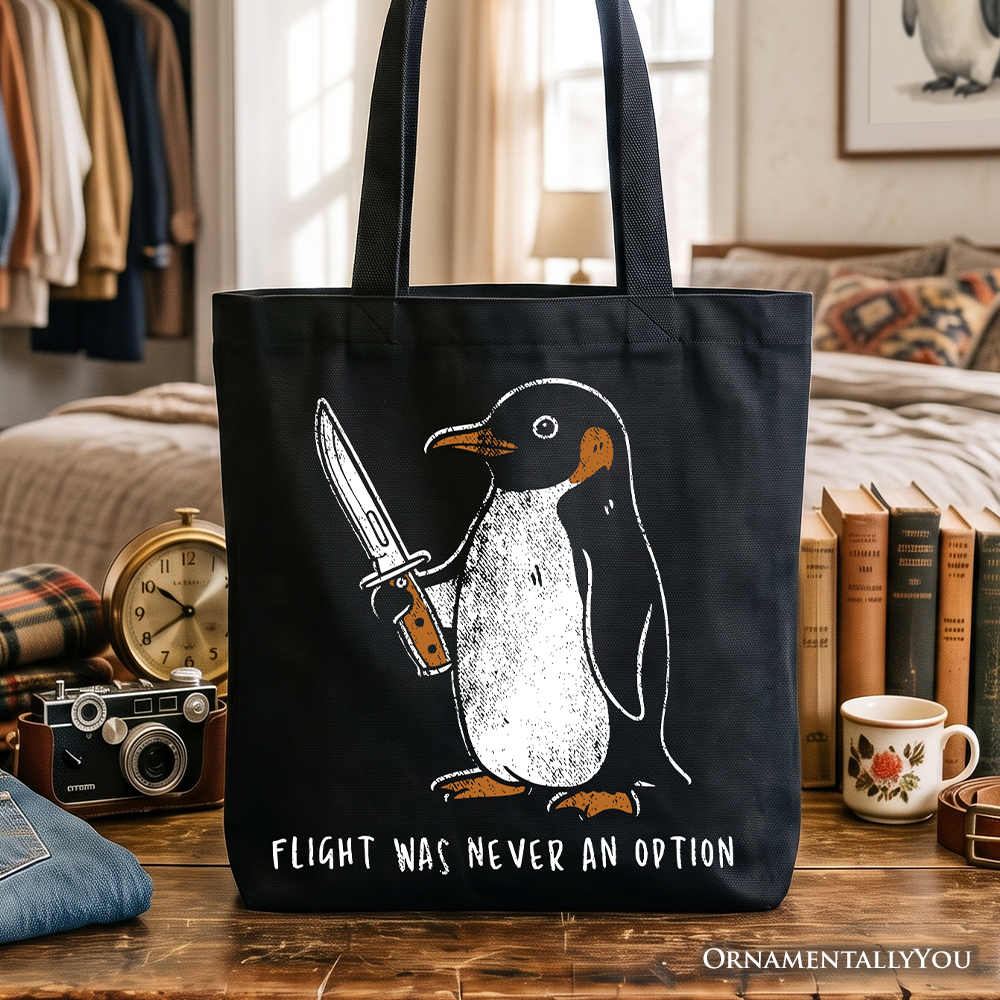 Flight Was Never an Option Penguin Tote Bag, Funny Dark Humor Knife Gift Shopper