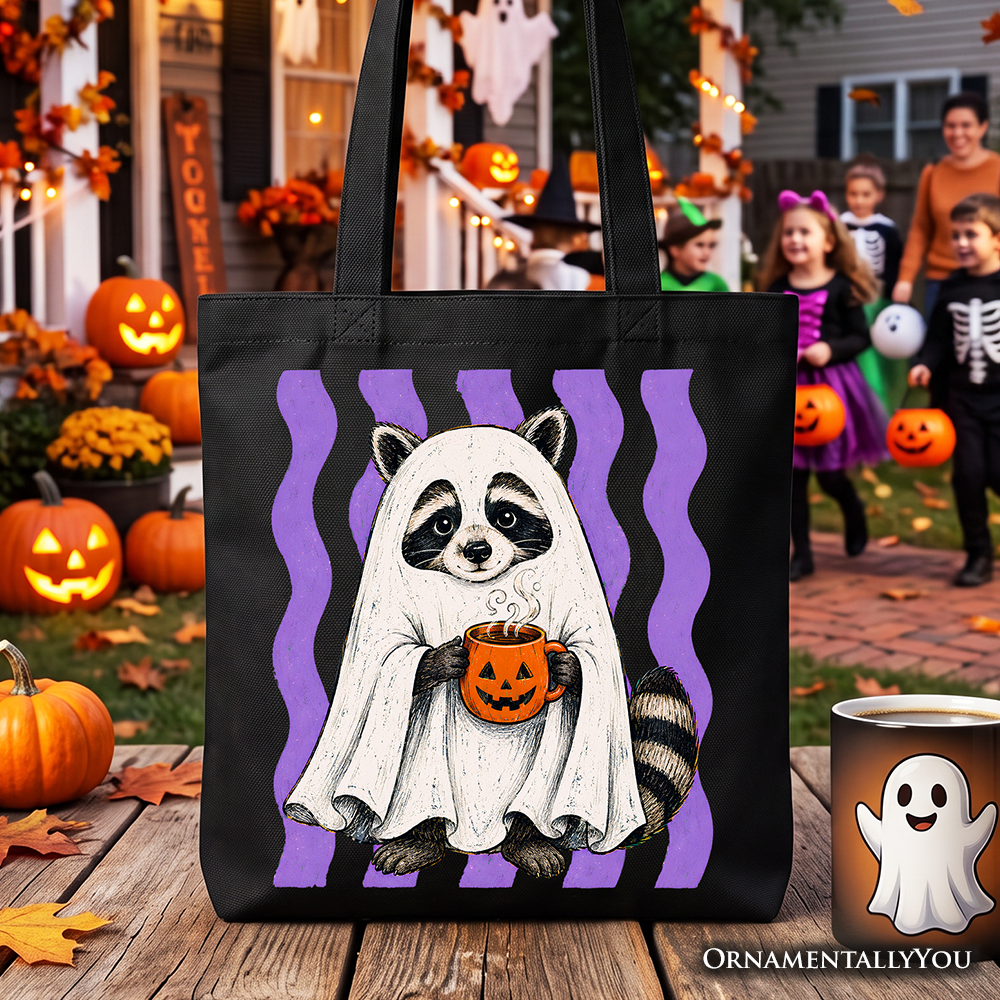 Ghost Costume Raccoon Tote Bag, Halloween Pumpkin Coffee Mug Gift Shopper