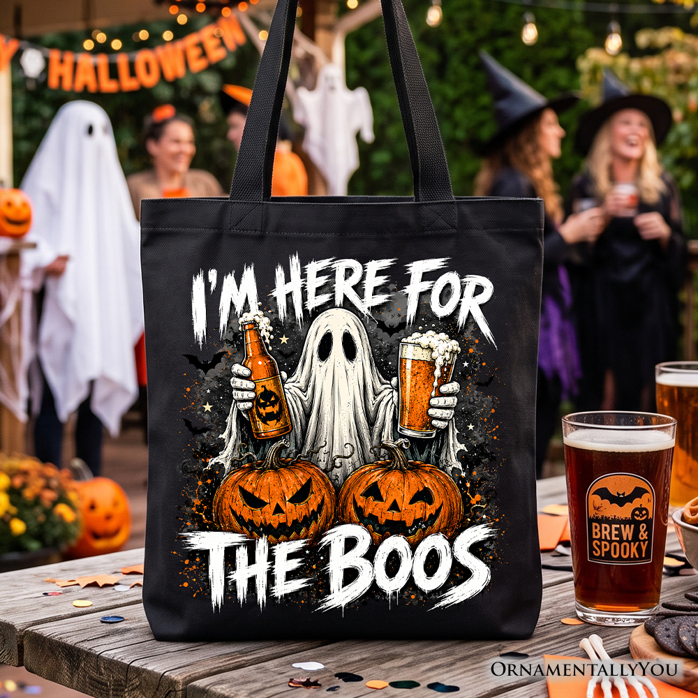 I’m Here for the Boos Ghost Tote Bag, Funny Halloween Beer Pumpkin Gift Shopper