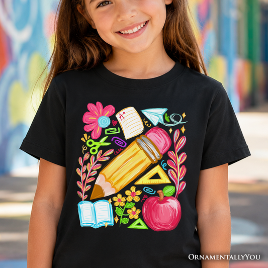 Kids Floral Student Pencil T-Shirt, Colorful Back to School Tee for Youth