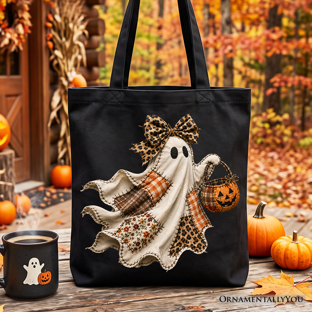 Patchwork Ghost with Leopard Bow Tote Bag, Rustic Halloween Pumpkin Trick or Treat Gift Shopper
