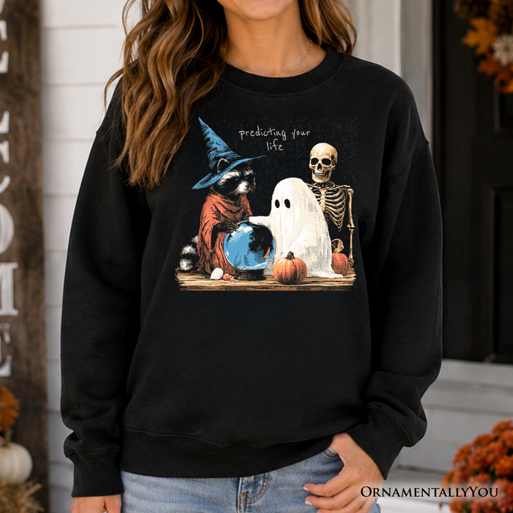 Predicting Your Life Witch Racoon Sweatshirt, Vintage Halloween Ghost Skeleton Fortune Teller Sweater