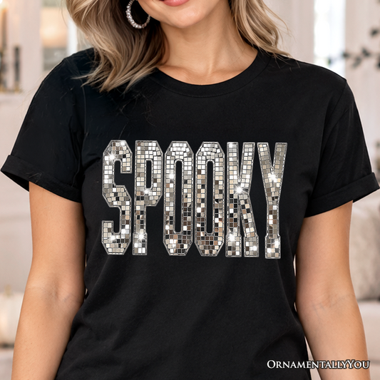Spooky Faux Mirrored Letter Halloween T-Shirt, Disco Sparkle Tee