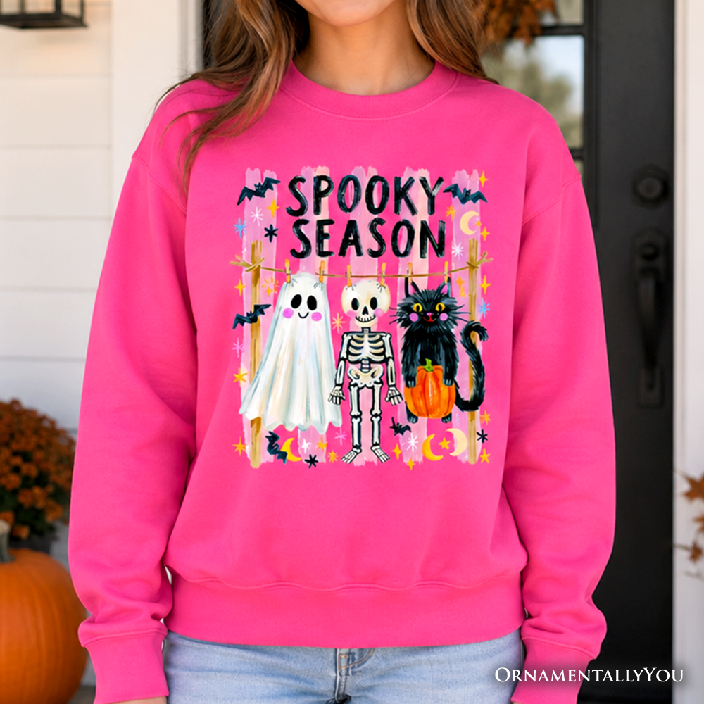 Spooky Season Ghost Skeleton Cat Sweatshirt, Colorful Halloween Costume Sweater