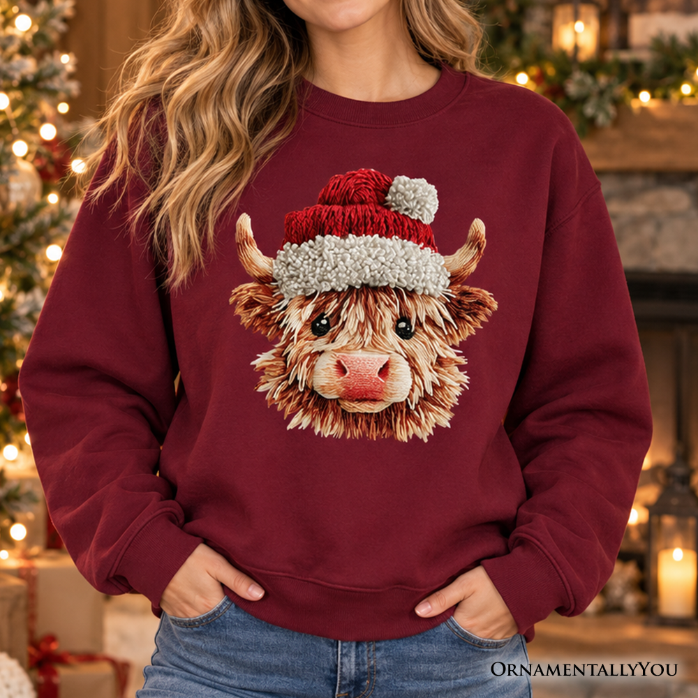 Highland Cow Santa Hat Christmas Sweatshirt, Imitation Latch Hook Yarn Cozy Sweater