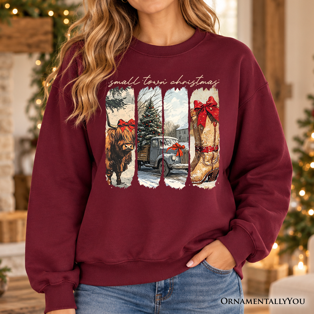 Small Town Christmas Sweatshirt, Highland Cow Rustic Western Cowgirl Holiday Sweater