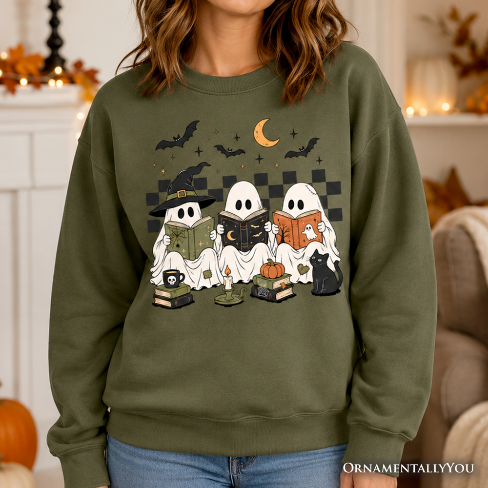 Bookish Ghosts Reading Sweatshirt, Checkered Halloween Witch Cat Sweater