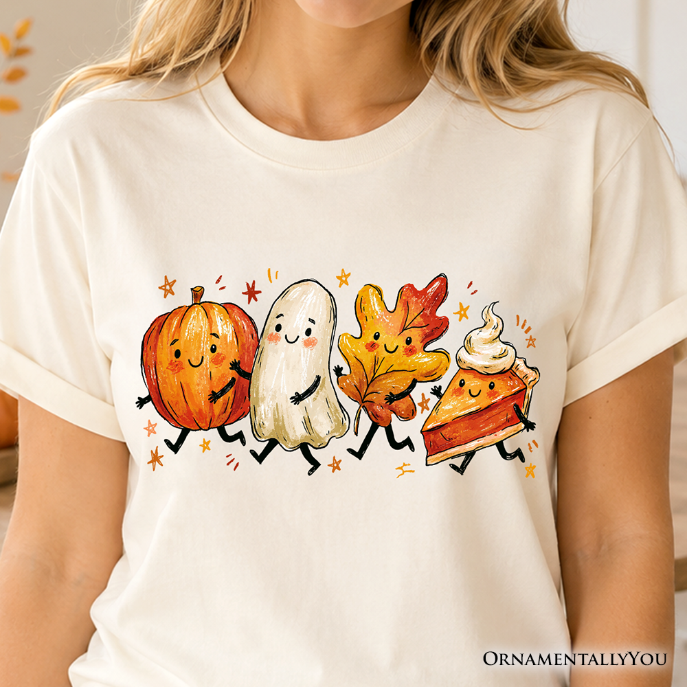 Cute Fall Characters T-Shirt, Pumpkin Ghost Leaf Pie Autumn Tee