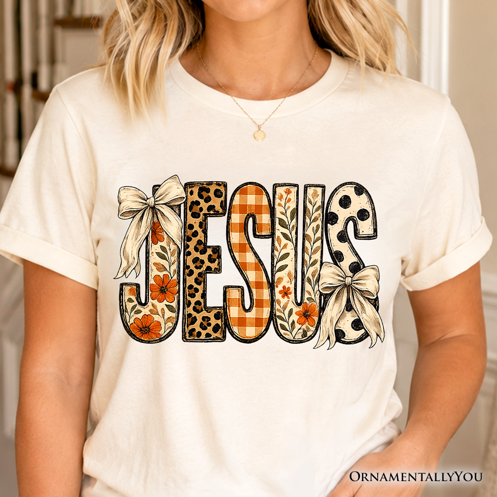 Jesus Coquette Fall T-Shirt, Leopard Plaid Floral Christian Faith Tee