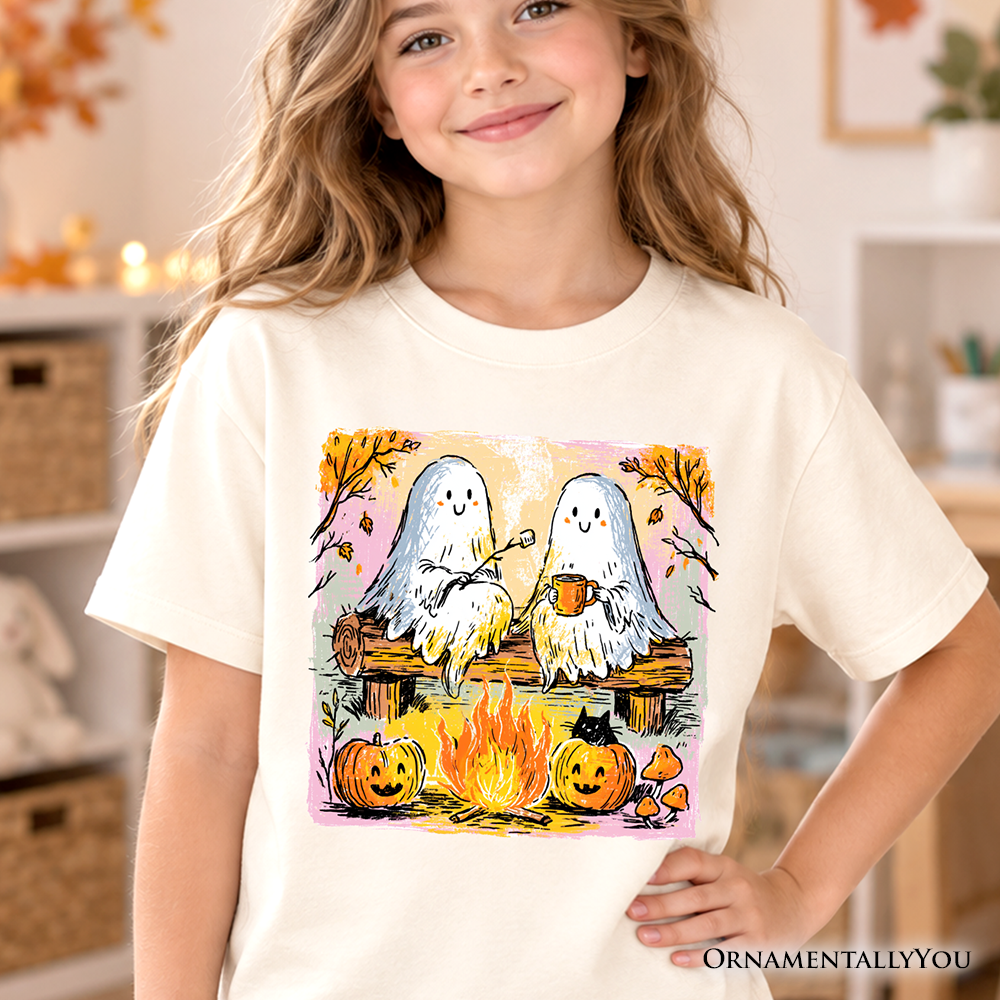 Kids Cozy Campfire Ghosts T-Shirt, Fall Halloween Pumpkin Youth Tee