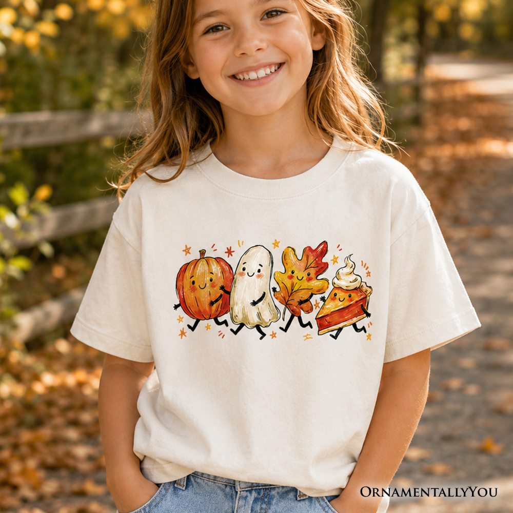 Kids Cute Fall Characters T-Shirt, Pumpkin Ghost Leaf Pie Autumn Youth Tee