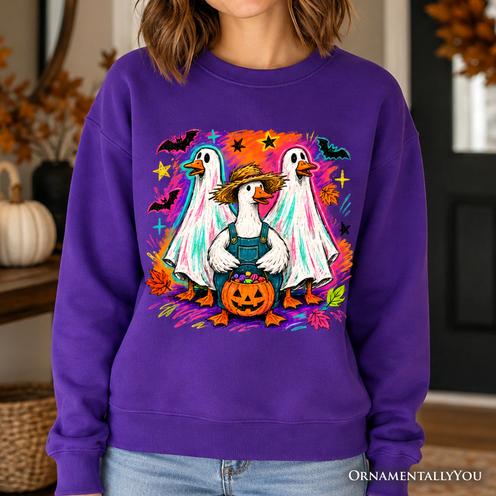 Trick or Treat Geese Sweatshirt, Colorful Halloween Ghost Costume Sweater