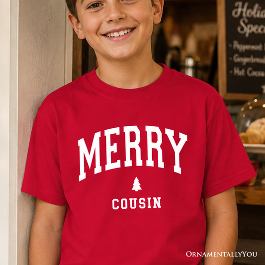 Kids Merry Cousin Retro Christmas T-Shirt, Matching Family Holiday Youth Tee