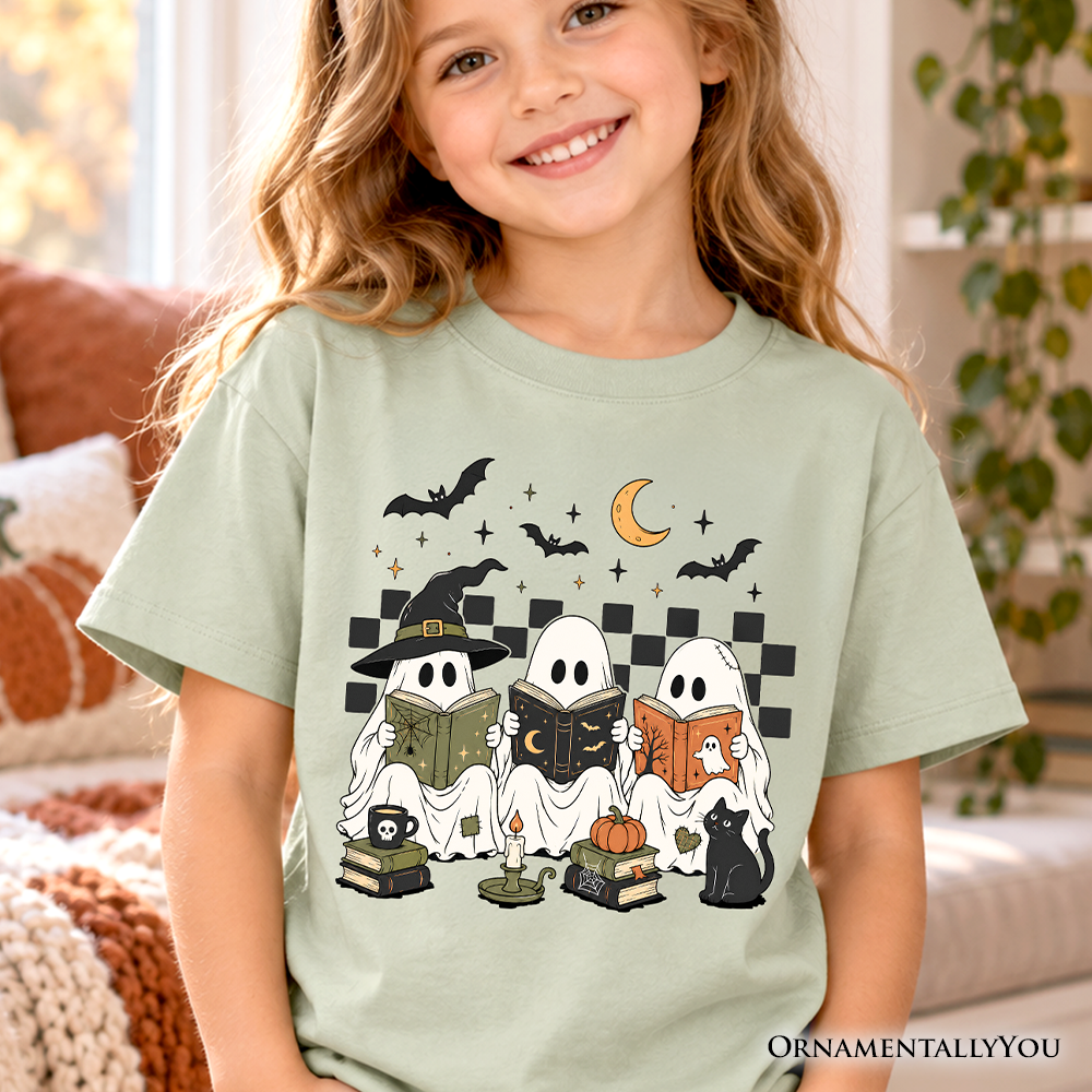 Kids Bookish Ghosts Reading T-Shirt, Checkered Halloween Witch Cat Youth Tee