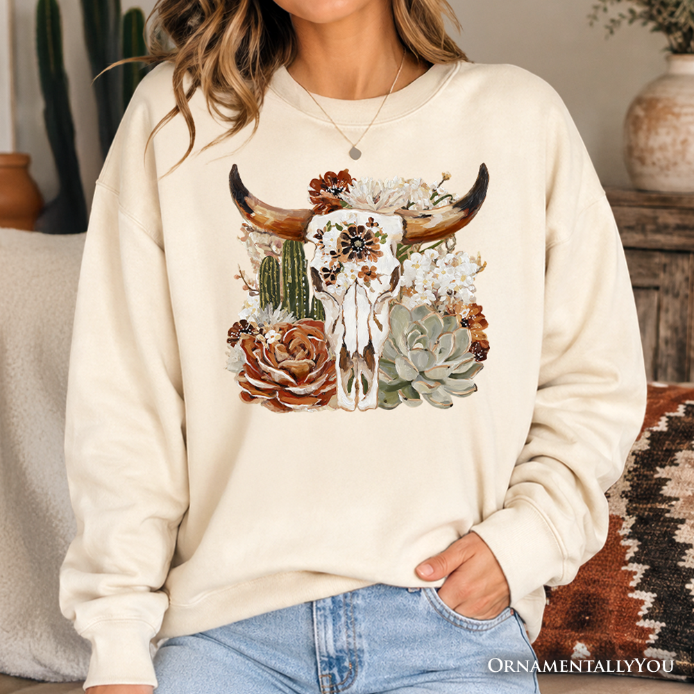Boho Floral Cow Skull Sweatshirt, Western Autumn Cowgirl Sweater