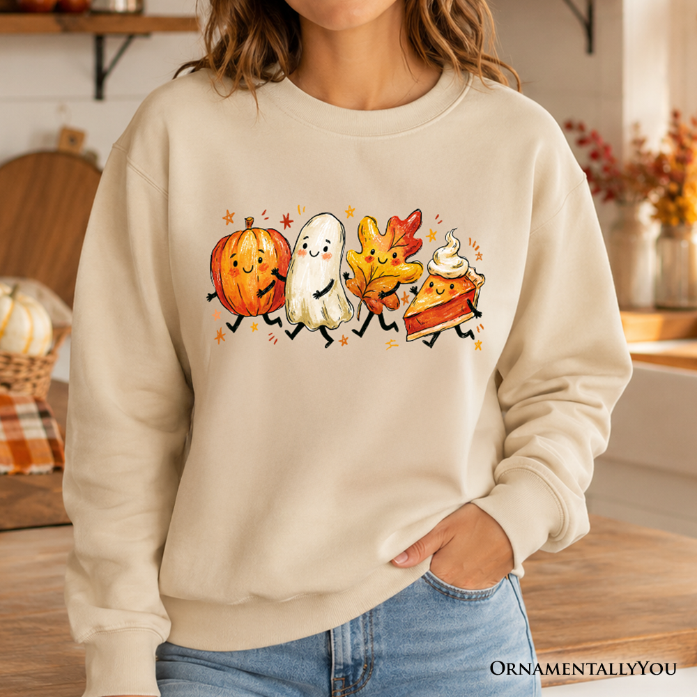 Cute Fall Characters Sweatshirt, Pumpkin Ghost Leaf Pie Autumn Sweater