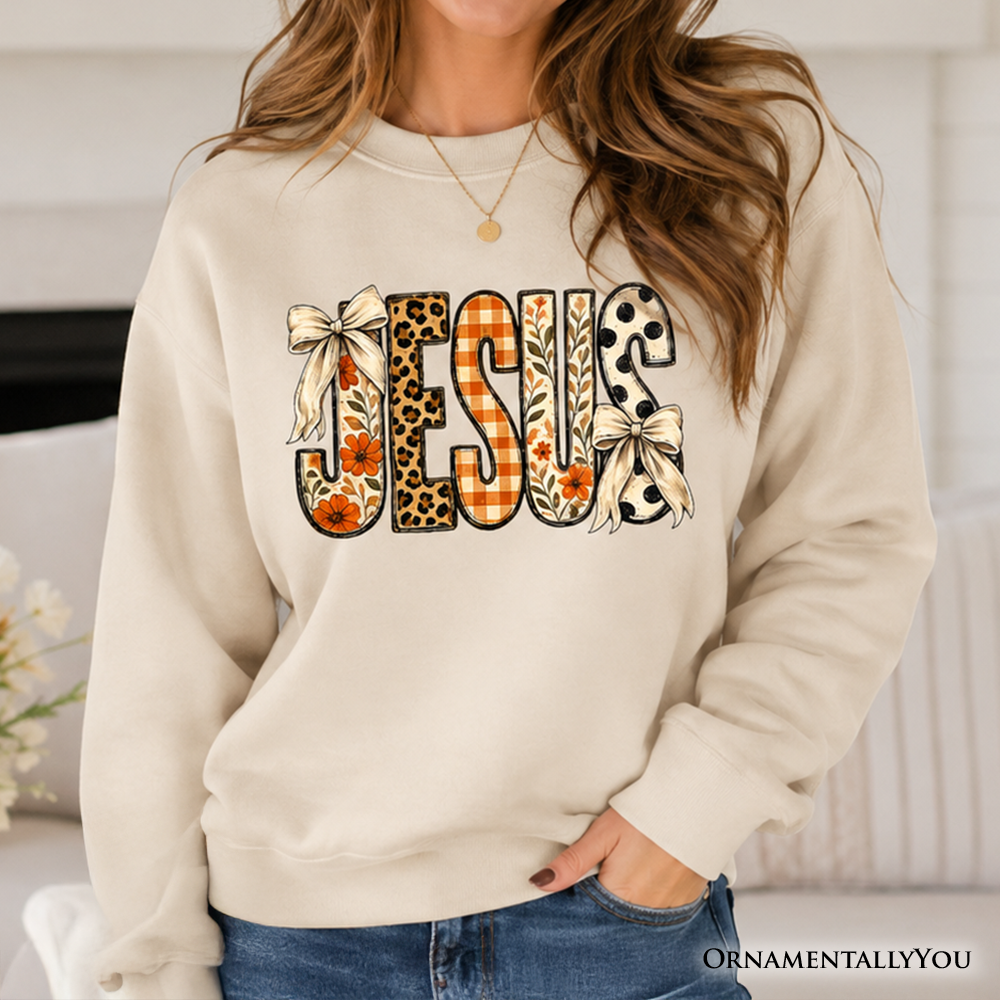 Jesus Coquette Fall Sweatshirt, Leopard Plaid Floral Christian Faith Sweater