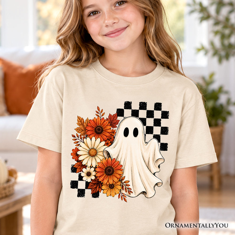 Kids Checkered Floral Ghost T-Shirt, Vintage Fall Halloween Daisy Youth Tee