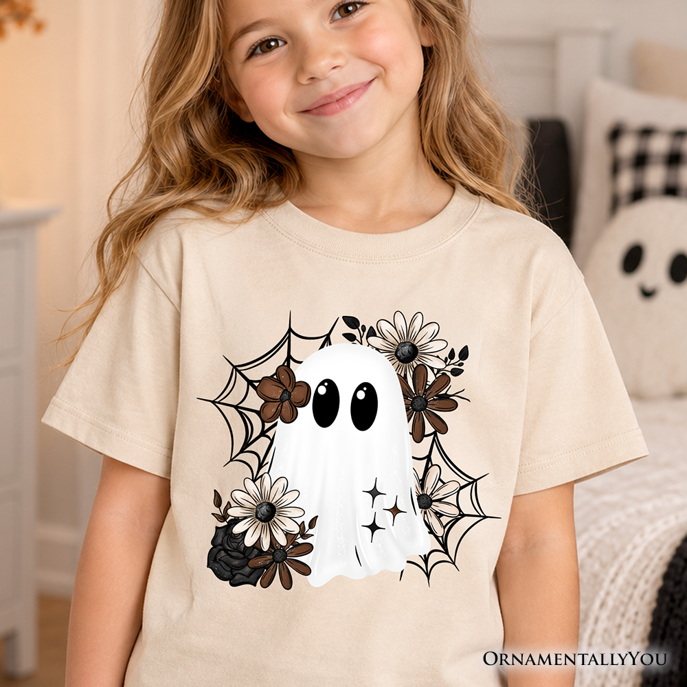 Kids Floral Ghost T-Shirt, Neutral Boho Halloween Spider Web Youth Tee