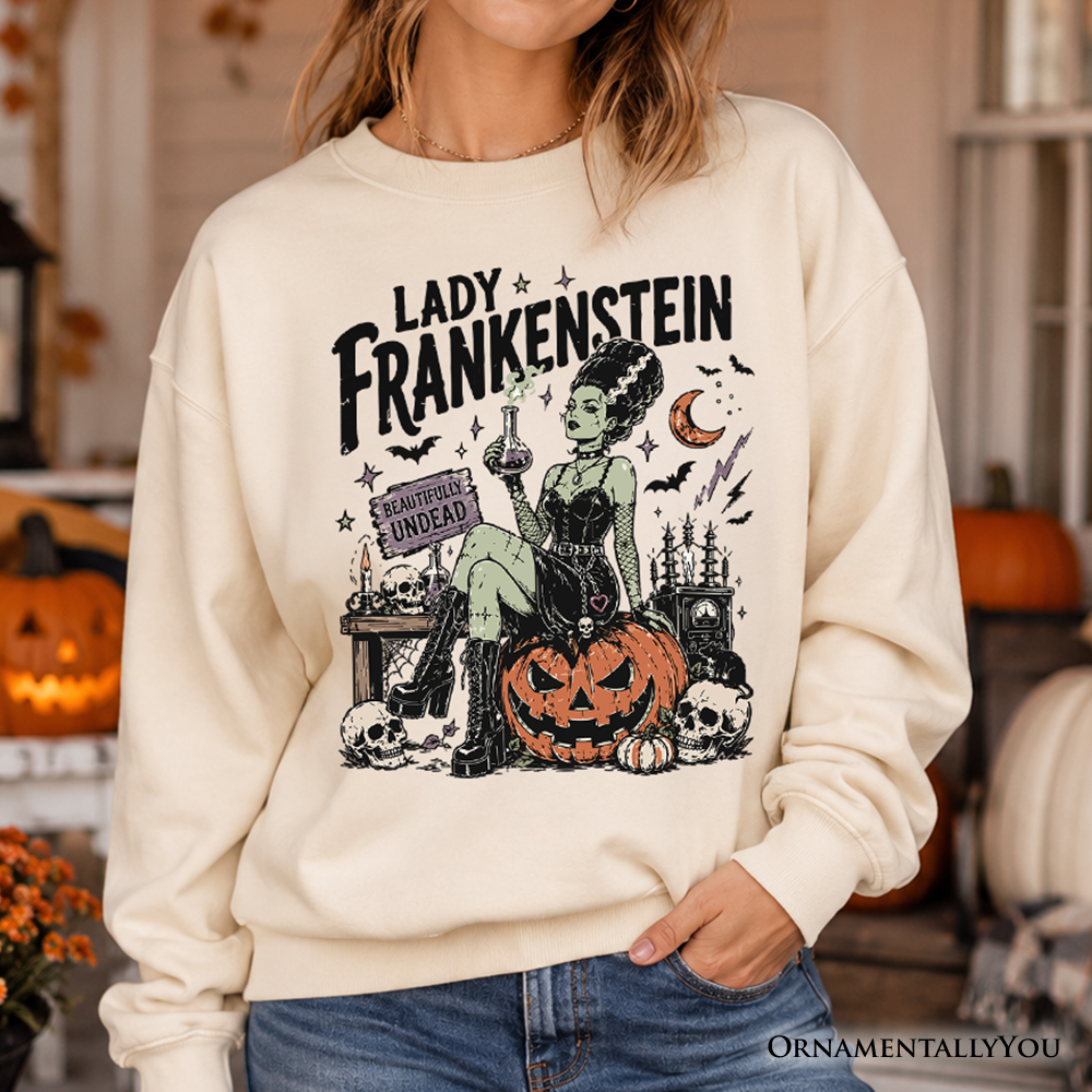 Lady Frankenstein Sweatshirt, Vintage Gothic Beautifully Undead Halloween Sweater
