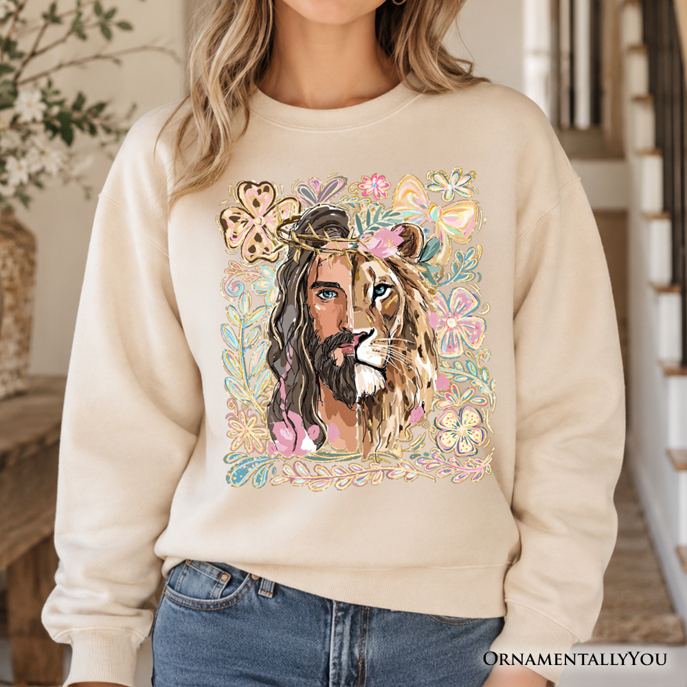 Lion of Judah Christian Sweatshirt, Floral Jesus Religious Faith Sweater