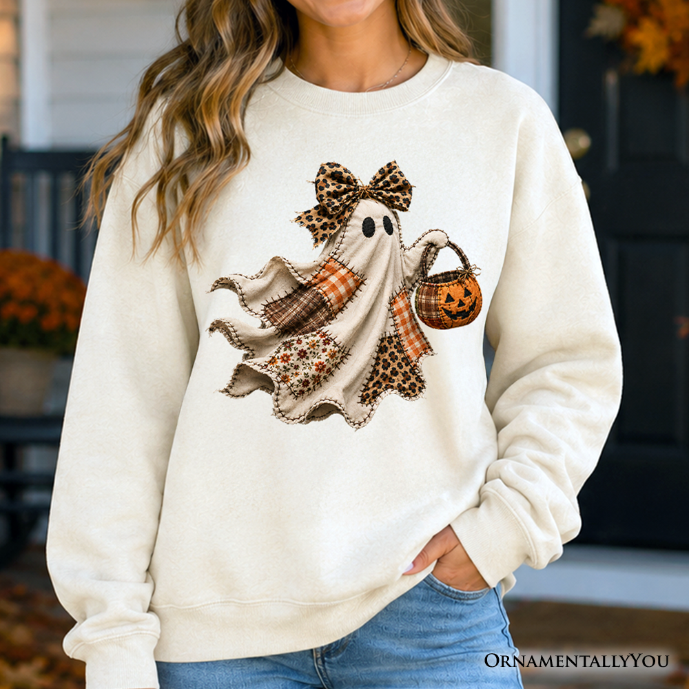 Patchwork Ghost with Leopard Bow Sweatshirt, Rustic Halloween Pumpkin Trick or Treat Sweater