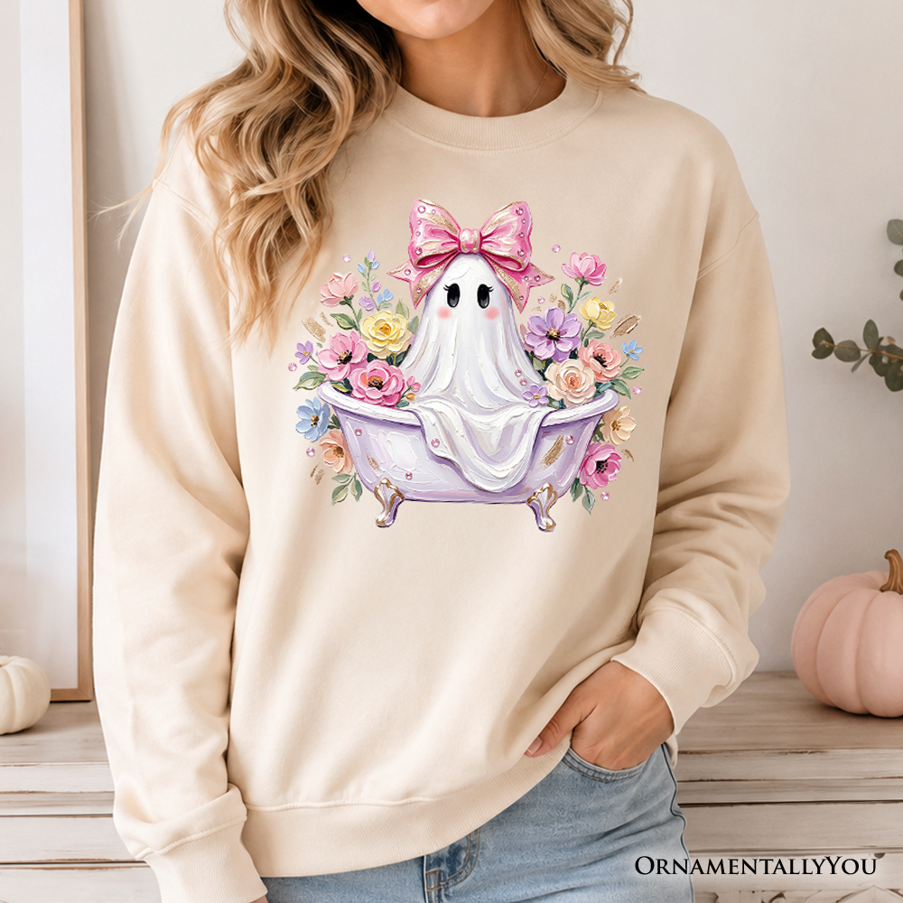 Pink Bow Bathtub Ghost Sweatshirt, Floral Coquette Halloween Sweater