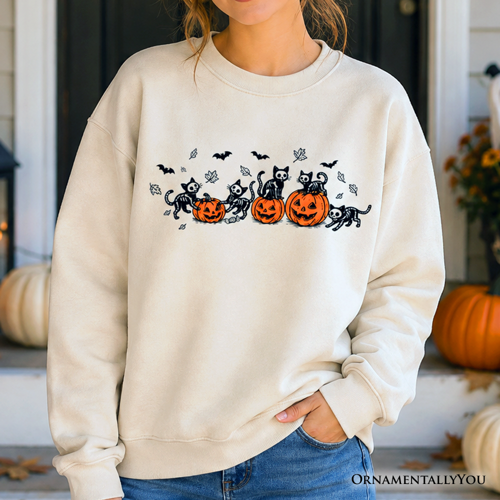 Skeleton Cats and Pumpkins Sweatshirt, Spooky Halloween Black Cat Sweater