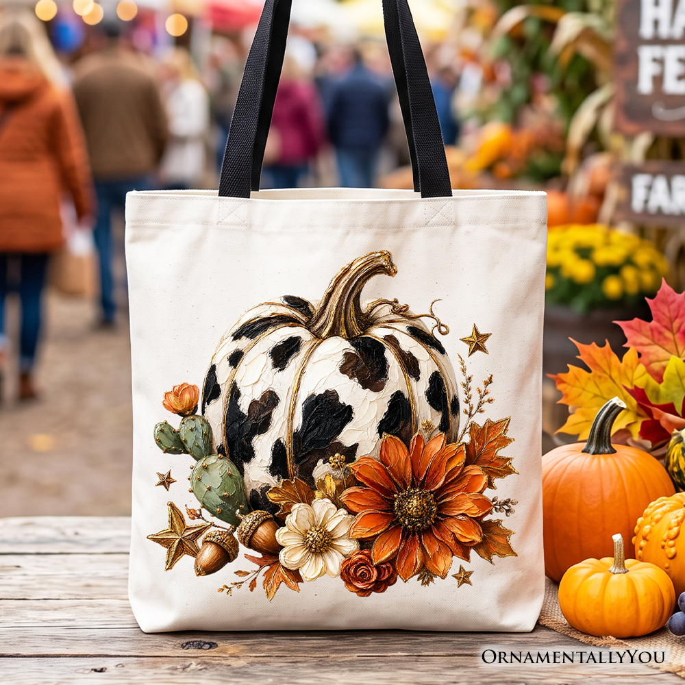 Cow Pumpkin Floral Tote Bag, Western Autumn Harvest Gift Shopper