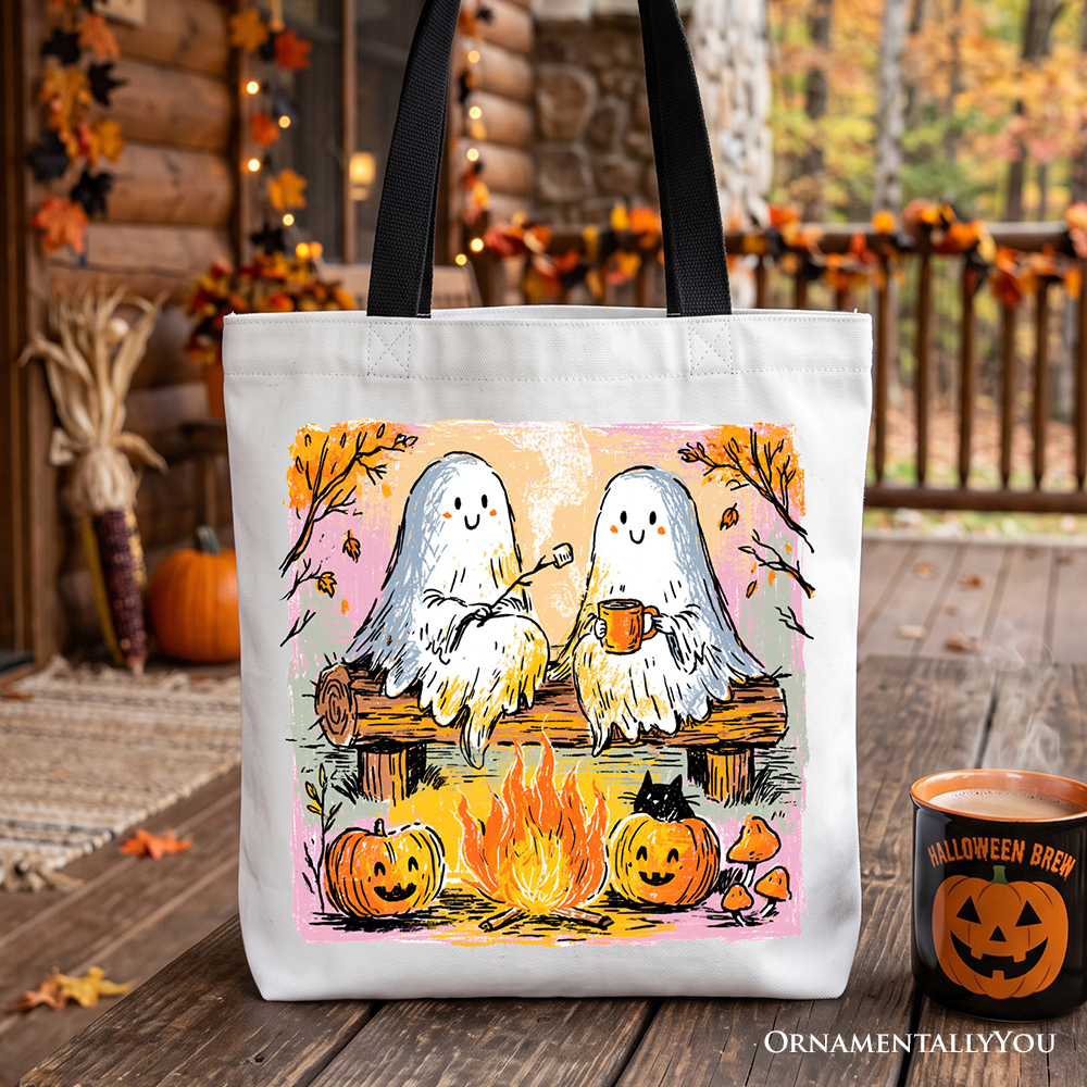 Cozy Campfire Ghosts Tote Bag, Fall Halloween Pumpkin Gift Shopper