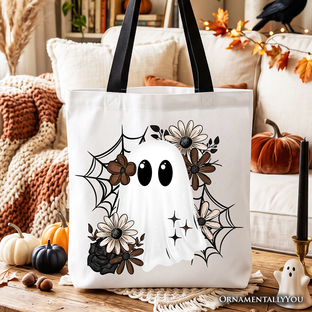Floral Ghost Tote Bag, Neutral Boho Halloween Spider Web Gift Shopper